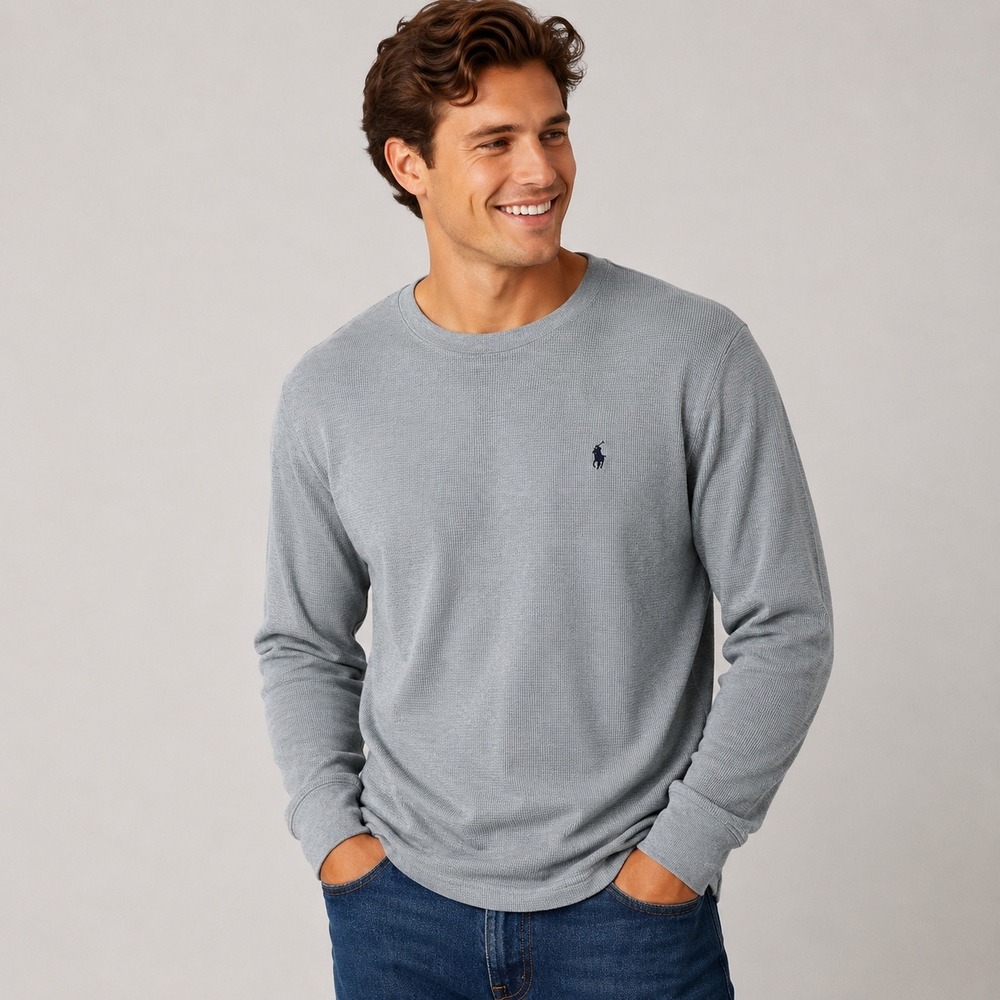 Polo Ralph Lauren Mens Heather Grey Waffle Knit Long Sleeve Thermal Shirt Logo